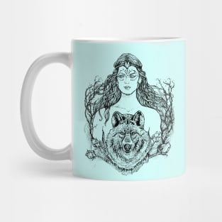 Woman with Wolf - Black and White Drawing Mug
